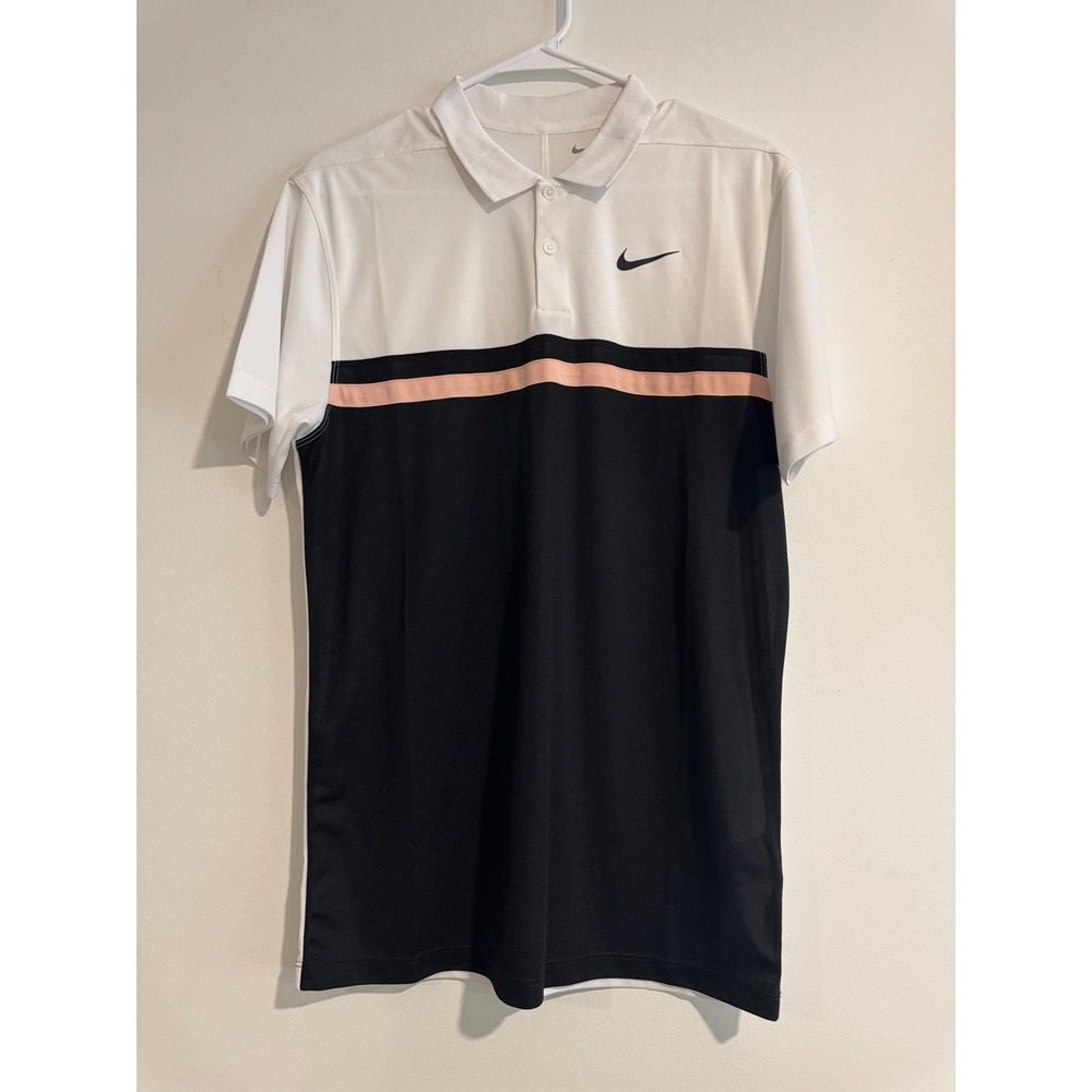 Nike Victory Dri-FIT Polo Mens Small Black White Colorblock Striped Golf Shirt